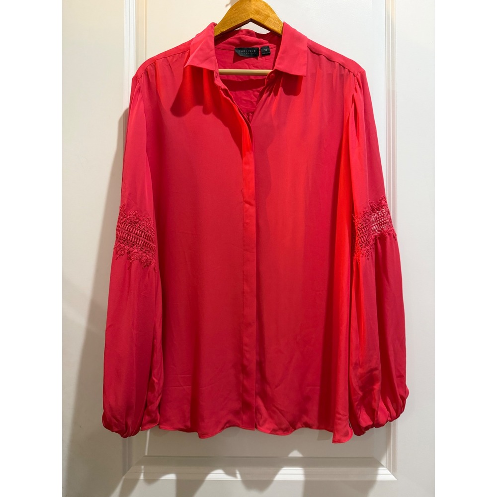 Carlisle Collection Pink 100% Silk Lace Sleeve Blouse Hidden Button Down Top 18